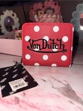 Von Dutch Red and White Polka Dot Zip Card Holder